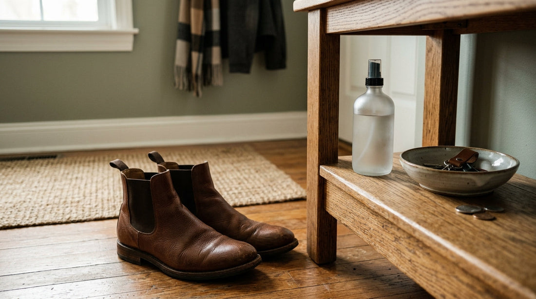 A lifestyle shot of a modern home entryway with leather boots, a spray bottle on a wooden bench, and house keys in a ceramic bowl.