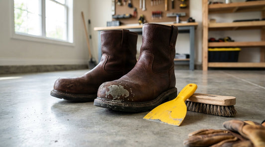 Leather composite toe boots on a garage floor next to a plastic putty knife and cleaning brush.