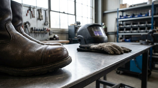 Professional leather welding boots on a steel industrial workbench next to a welding helmet and heavy-duty gloves.
