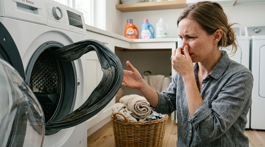 A person holding their nose while looking at a dark grey rubber gasket on an open front-load washing machine.