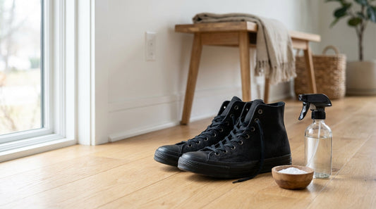 A pair of classic black high-top Converse Chuck Taylors resting on a light oak entryway floor next to a glass spray bottle and a small wooden bowl of white powder.