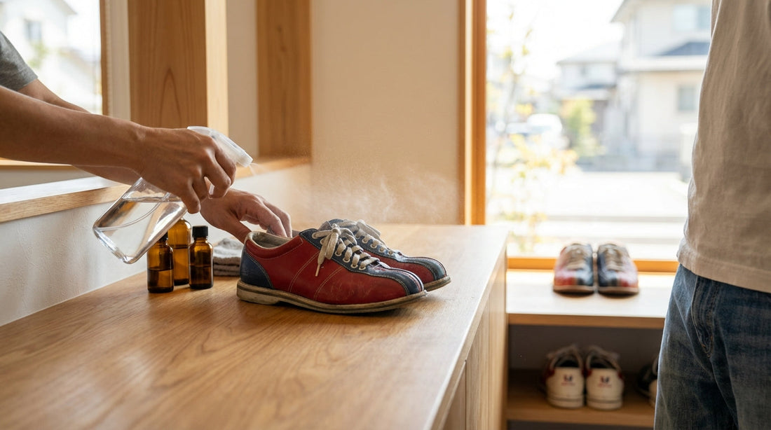 Row of classic multi-colored rental bowling shoes at a counter with a fine disinfectant mist hanging in the air.