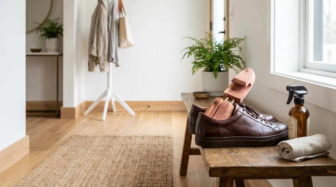 A pair of high-quality leather sneakers with cedar shoe trees inserted, sitting on a clean wooden mudroom bench next to a glass essential oil spray bottle.