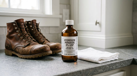 A bottle of hydrogen peroxide for smelly shoes next to leather boots and a cleaning cloth on a countertop.