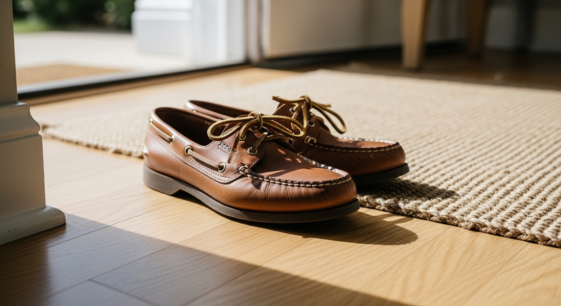 Tan leather Sperry boat shoes with rawhide laces sitting on a light oak floor near a woven jute mat.