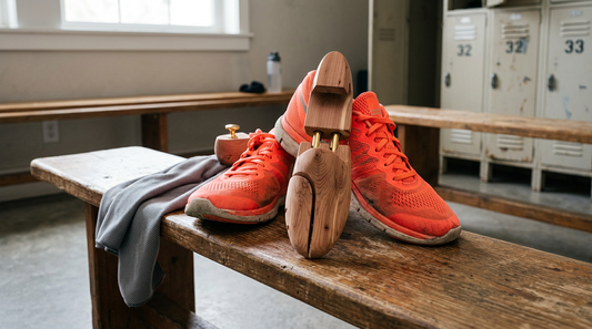 A pair of neon mesh running shoes with aromatic cedar shoe trees inserted, sitting on a locker room bench with a microfiber towel.