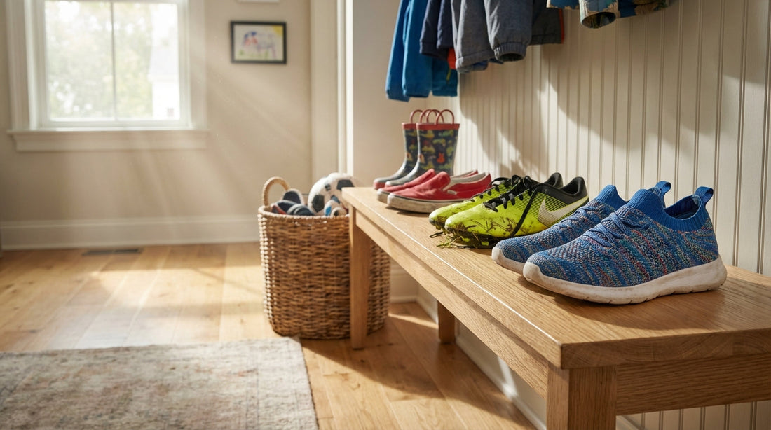 Colorful children's sneakers and soccer cleats resting on a light oak mudroom bench with a wicker basket nearby.