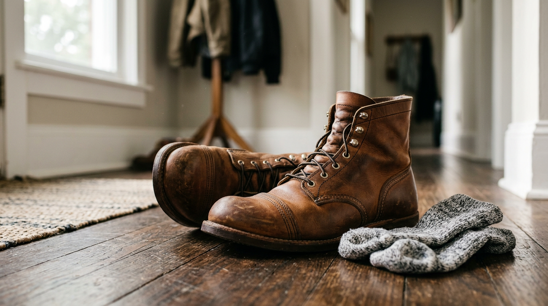 A pair of amber-colored Red Wing Iron Ranger boots sitting on a rustic wooden floor with wool socks nearby in soft window light.