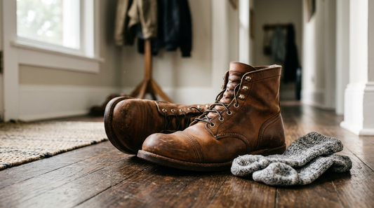 A pair of amber-colored Red Wing Iron Ranger boots sitting on a rustic wooden floor with wool socks nearby in soft window light.