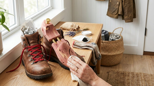 A pair of leather boots being treated with cedar shoe trees and newspaper on a mudroom bench to show 6 secret solutions for smelly shoes