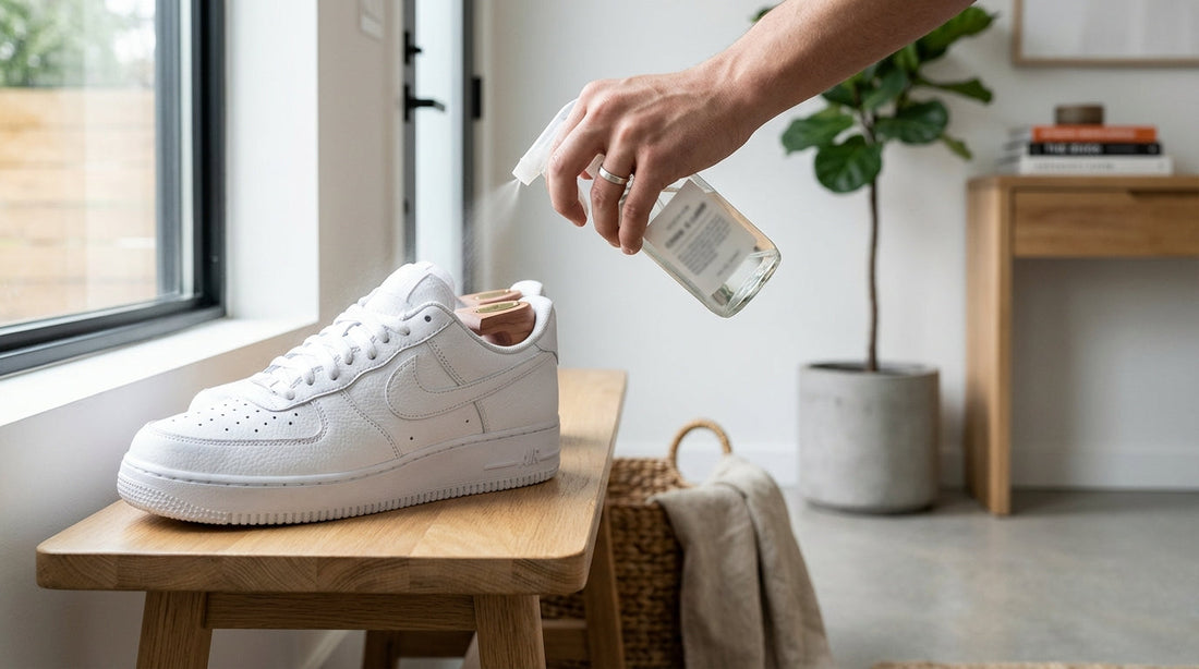 Pristine white leather Nike Air Force 1s resting on a modern wooden entryway bench next to a cedar shoe tree and a glass spray bottle.