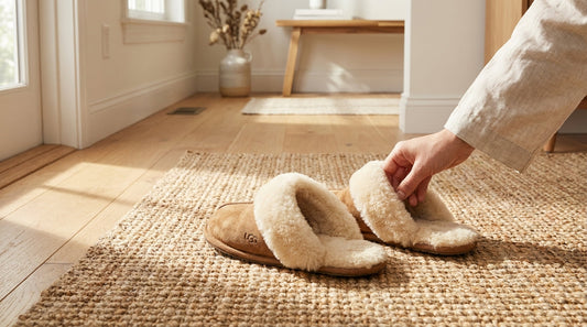 A pair of cozy sheepskin slippers with cream fleece lining resting on a textured jute rug and light hardwood floor.