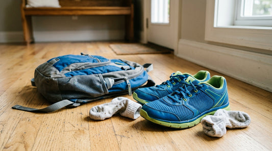 Brightly colored kid's synthetic sneakers sitting on a light oak floor next to a discarded school backpack and balled-up white socks.