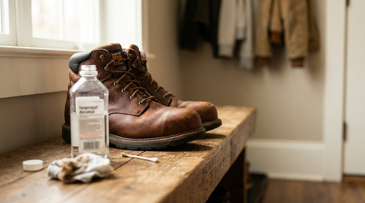 Brown leather Timberland PRO Pit Boss boots sitting on a wooden bench next to a bottle of isopropyl alcohol and a cotton swab.