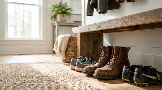 Leather work boots, mesh sneakers, and soccer cleats on a wooden bench in a bright entryway.