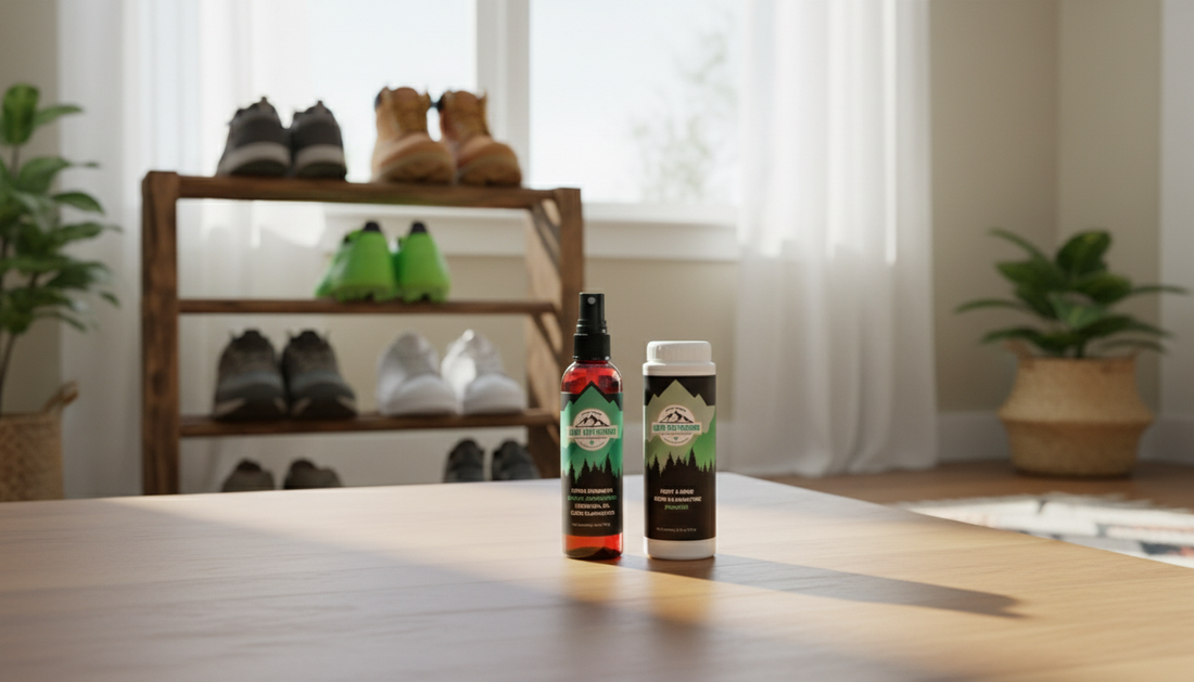 Lumi Outdoors Shoe Deodorizer Bundle | 1 Natural Spray & 1 Powder placed among family shoes in entryway for instant freshness
