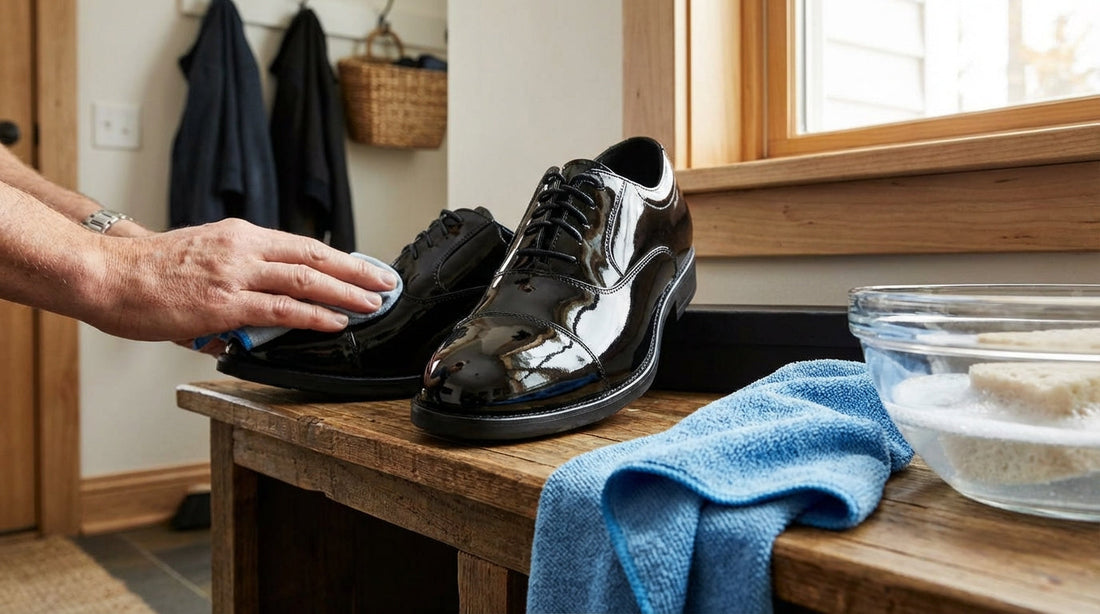 Polished black patent leather marching band shoes sitting on a wooden bench with a cleaning cloth and bowl of water.