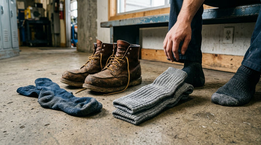A pair of heavy leather work boots with yellow laces next to a fresh pair of gray wool socks on a concrete floor during a shift break.