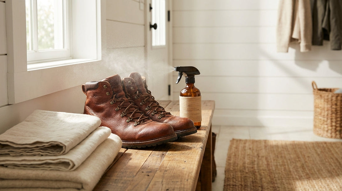 A pair of leather hiking boots and a spray bottle on a wooden bench in a sunlit mudroom entryway.