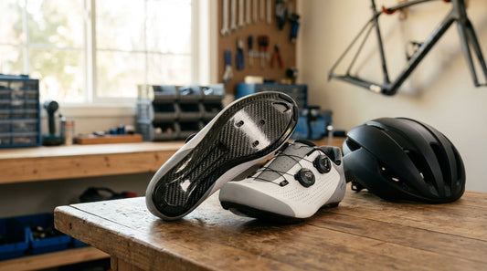 High-end road cycling shoes with carbon fiber soles and BOA dials resting on a wooden workbench next to a cycling helmet.