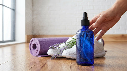 A glass spray bottle, a rolled yoga mat, and mesh athletic sneakers on a yoga studio floor with lavender sprigs.