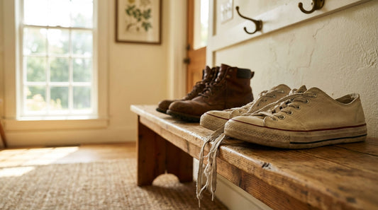 A pair of worn canvas sneakers and leather work boots on a wooden mudroom bench with a jute rug below, representing the Frito feet fix.