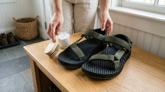 A pair of hybrid hiking sandals with bungee laces, a small wooden-handled scrub brush, and a glass bowl of baking soda on a light oak mudroom bench.