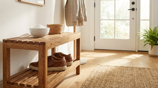 A bright entryway with an oak shoe rack, a ceramic bowl of baking soda, and leather sneakers near a front door.