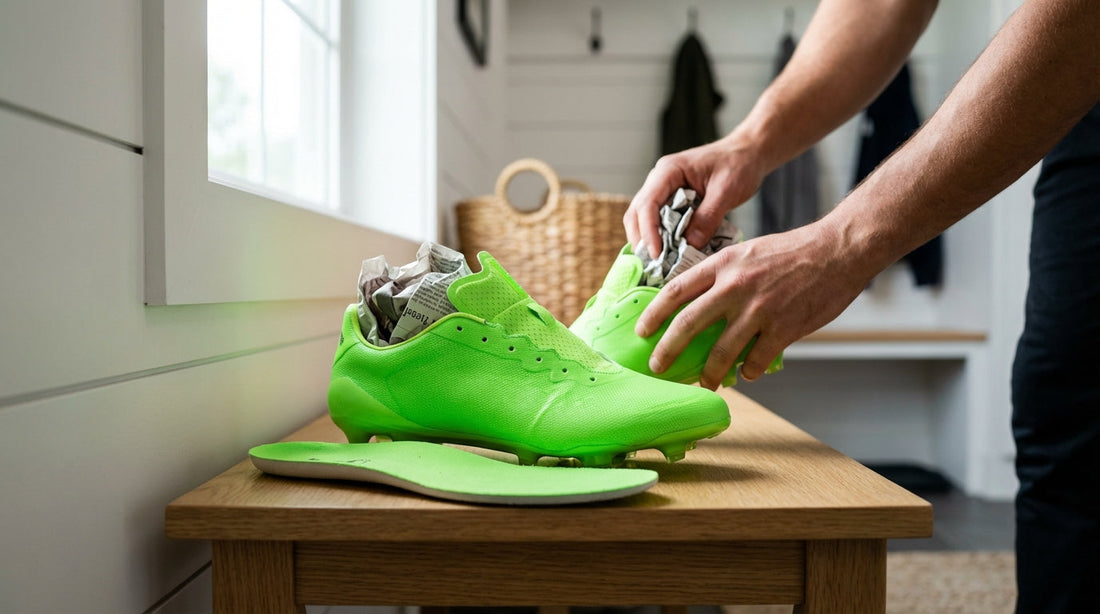Neon green soccer cleats with unlaced tongues stuffed with newspaper on a mudroom bench.
