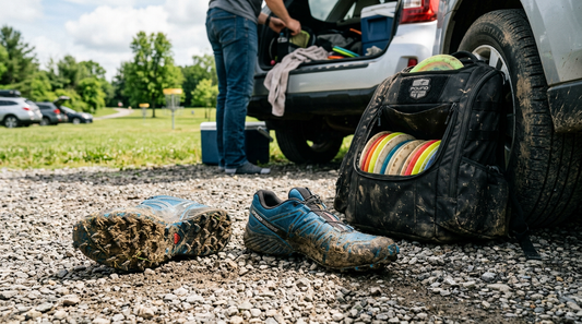 Muddy disc golf shoes and a professional disc golf bag sitting by an open car trunk after a round.
