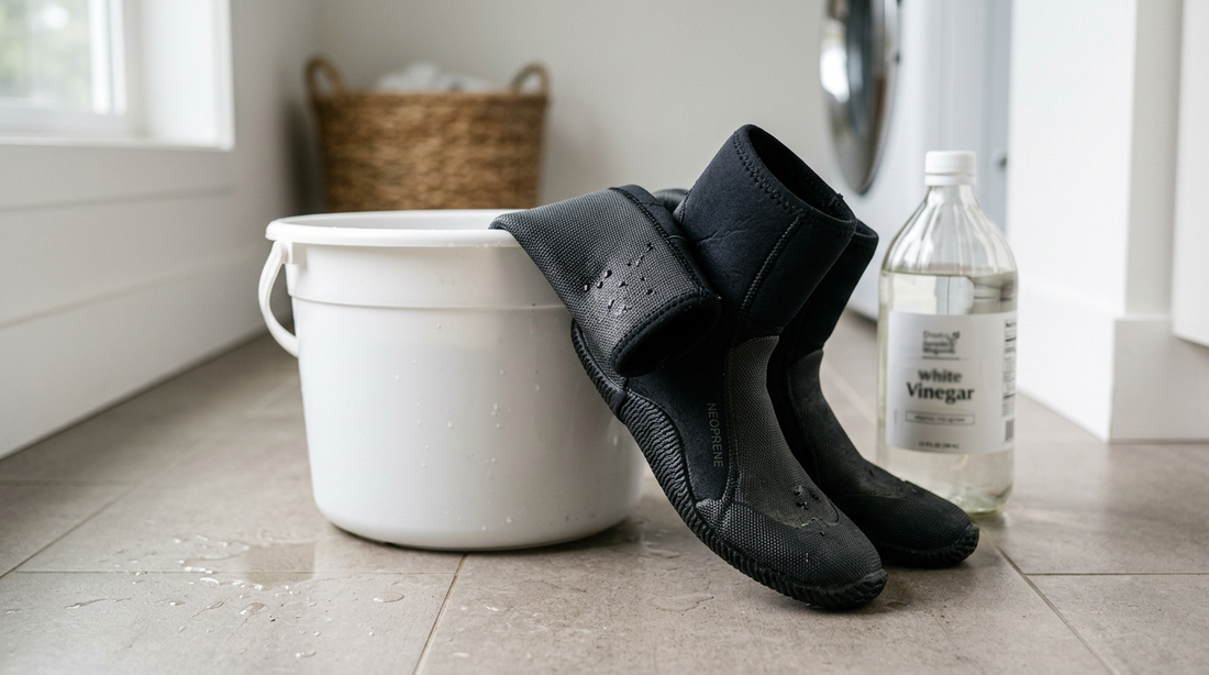 A cleaning setup for smelly neoprene featuring wetsuit boots, a white plastic bucket, and a bottle of white vinegar in a laundry room.