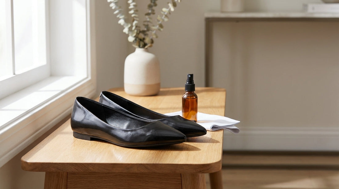 Stylish pointed-toe synthetic leather flats on a wooden bench with a cleaning cloth and spray bottle nearby.
