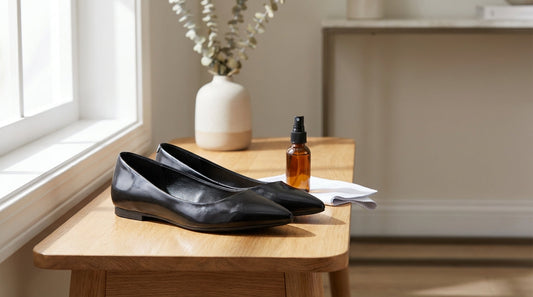 Stylish pointed-toe synthetic leather flats on a wooden bench with a cleaning cloth and spray bottle nearby.