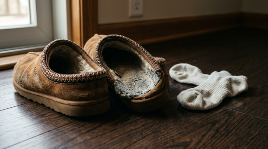 Close-up of worn chestnut UGG Tasmans with matted wool lining on a dark floor next to crumpled socks