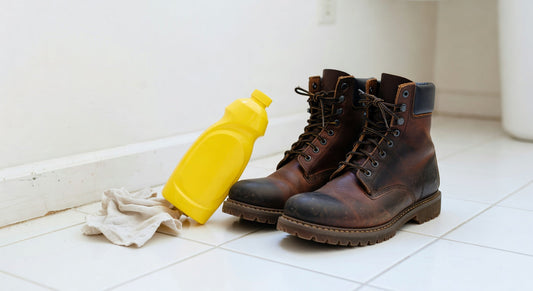 Caterpillar Second Shift work boots next to a dish soap bottle on a laundry room floor — illustrating why soap damages oiled leather boot deodorizing attempts