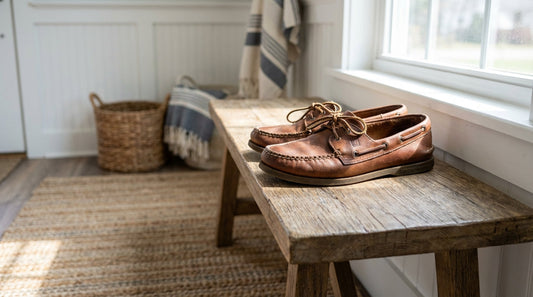 Classic brown leather boat shoes with rawhide laces resting on a weathered oak entryway bench in bright morning light.