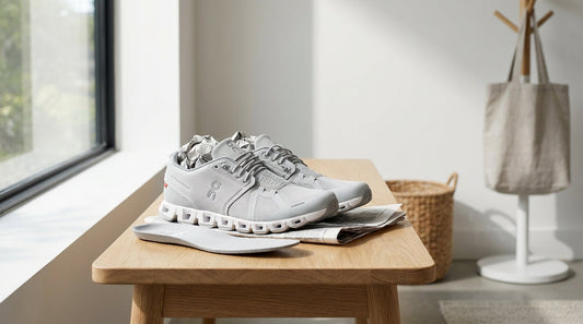 Pair of On Cloud 5 sneakers with insoles removed and crumpled newspaper inside to deodorize overnight on an entryway bench.