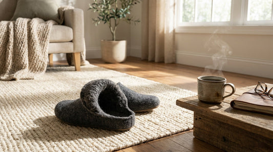Grey felted wool slippers on a cream rug next to a steaming coffee mug and a wooden table.