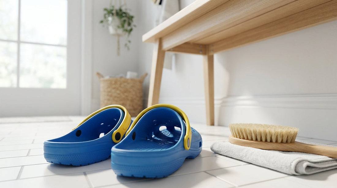Cleaning supplies including a wooden brush and microfiber cloth next to rubber clogs on a bright tiled floor.