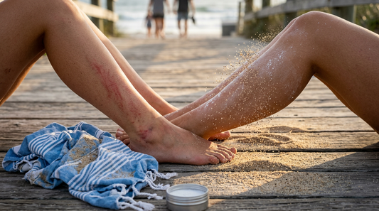 A visual comparison of sandy skin being scrubbed by a towel versus sand falling off skin treated with arrowroot powder.
