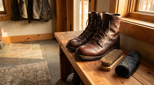 A pair of leather hunting boots with brown laces on a rustic wooden bench next to a soft brush and a cleaning cloth