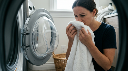 A person looking frustrated while smelling a fresh white towel in front of a front-load washing machine to remove washing machine gasket smell.
