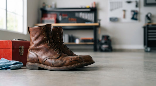 Heavy leather mechanic work boots sitting next to a red metal toolbox and a folded shop rag on a clean concrete floor.