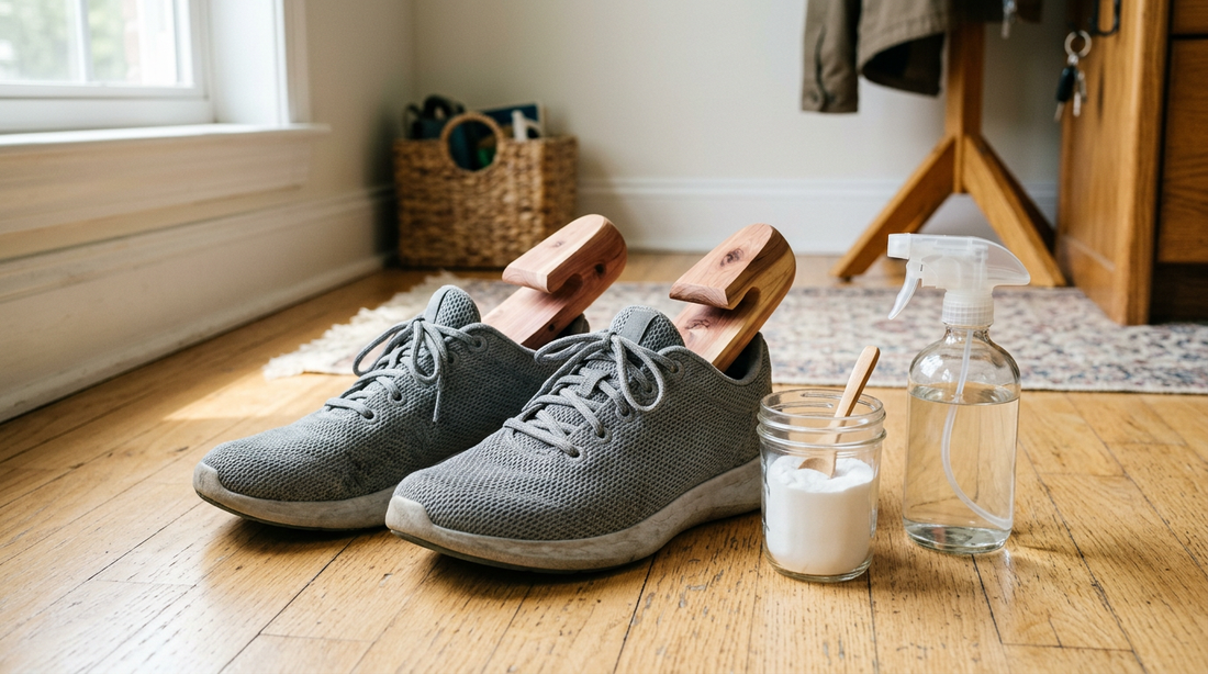 A curated arrangement of sneakers, baking soda in a jar, and cedar shoe trees to eliminate foot odor in sneakers.