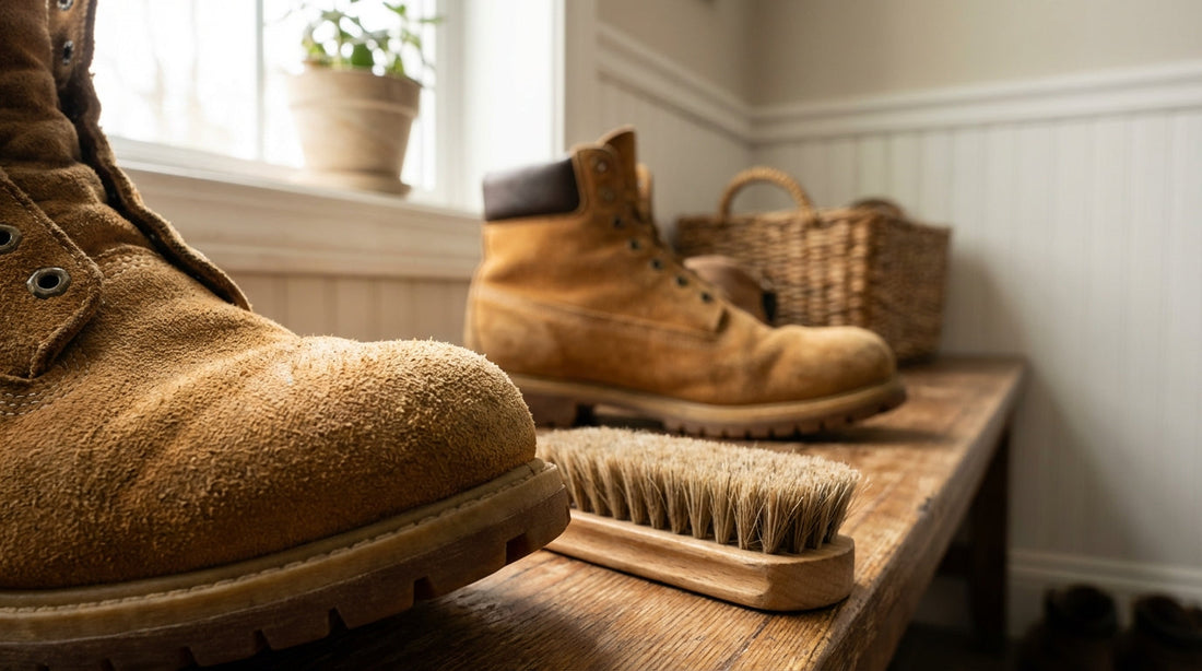 Tan suede work boots resting on a wooden mudroom bench with a soft cleaning brush nearby
