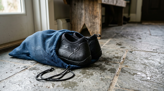 Damp black neoprene water shoes sitting in a wet mesh gear bag on a mudroom floor, illustrating the need for a neoprene shoe odor eliminator.