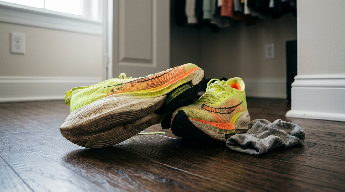 High-performance carbon plate running shoes with thick foam midsoles sitting on a dark closet floor, representing smelly running shoes.