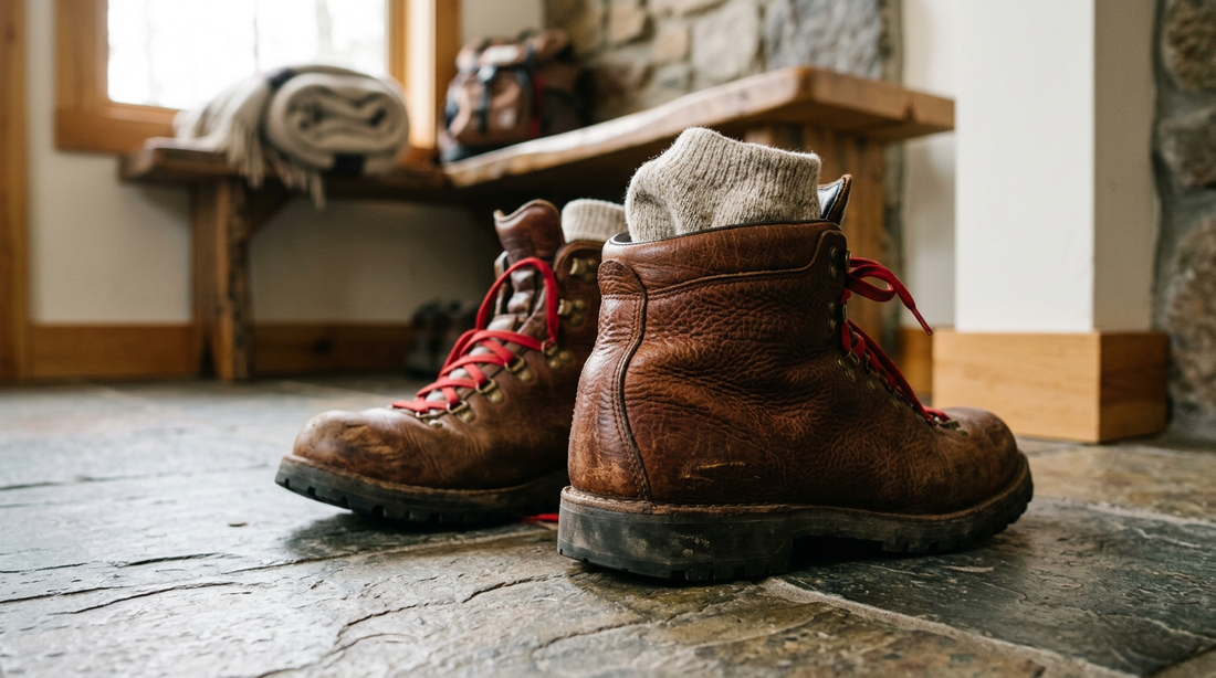 Leather hiking boots and wool socks on a stone entryway floor illustrating the benefits of kaolin clay foot powder over talc.