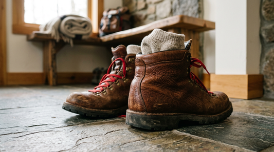 Leather hiking boots and wool socks on a stone entryway floor illustrating the benefits of kaolin clay foot powder over talc.