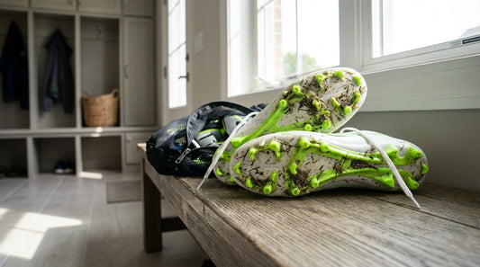 A pair of white and neon green football cleats on a wooden mudroom bench next to a mesh equipment bag.